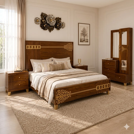 WOODEN BED WITH SIDE TABLES